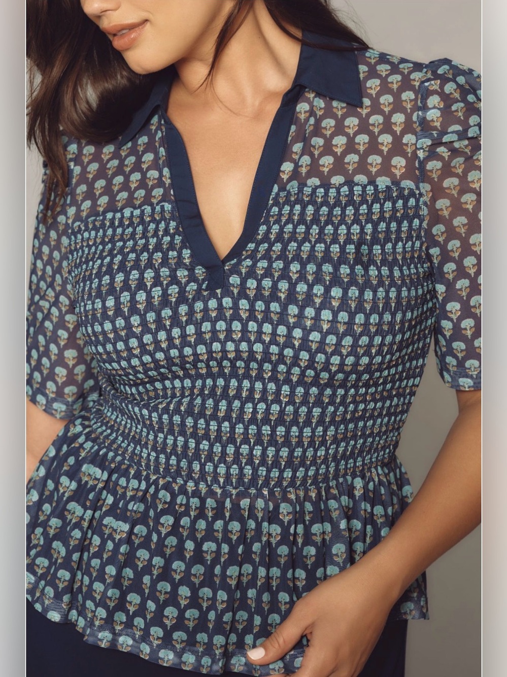 Anthropology-Maeve Navy Blue Floral Smocked short-Sleeve polo top